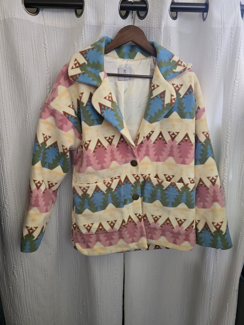 Dudley Stephens Pastel Aztec-Print Fleece Blazer in Pink, Blue & Green
